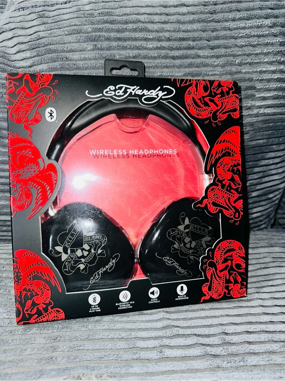 Ed Hardy Black and Red Wireless Headphones with Tattoo Graphics